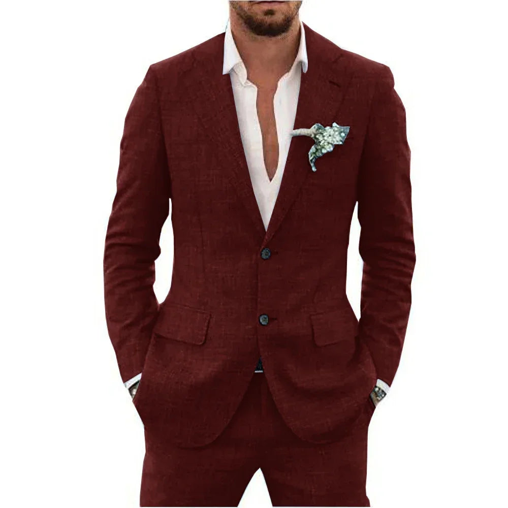 High Quality Linen Suits for Men Two Piece Formal Notch Lapel Single Breasted Male Suit Beach Casual Elegant Wedding Tuxedo