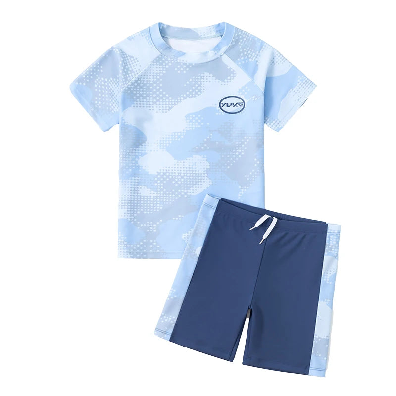 Boys Swimwear Two Piece Swimsuit Set Short Sleeve Rash Guard Top with Swim Trunks Kids Bathing Suit for Beach and Pool Swimming