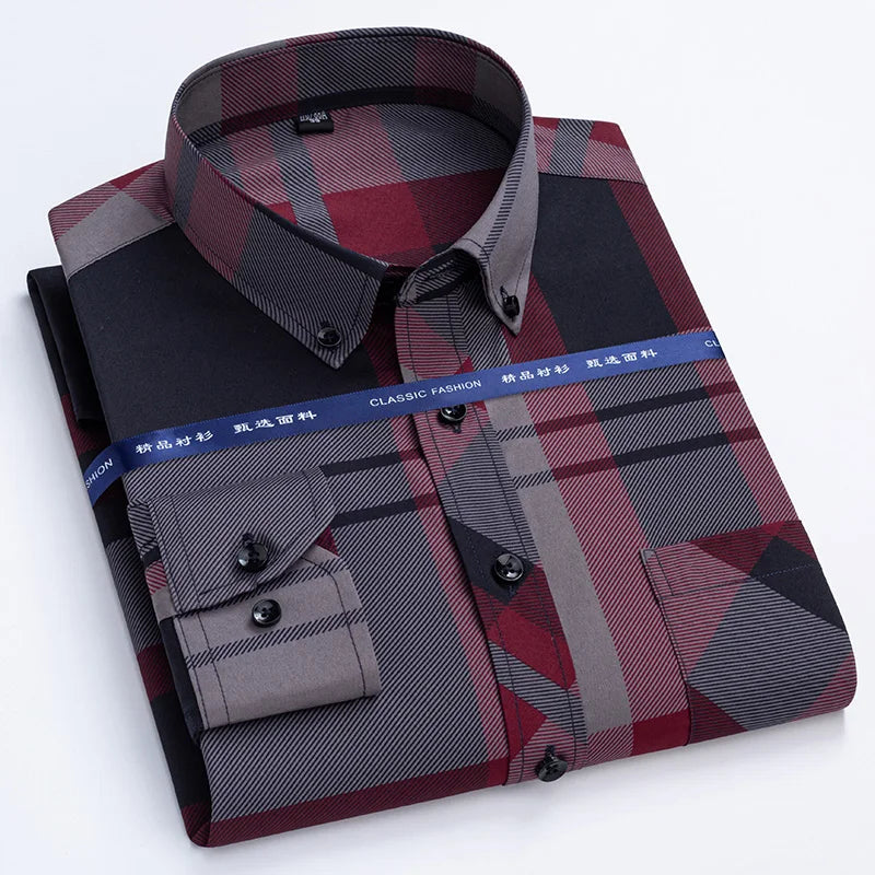 Men's Dress Shirts Spring Autumn Latest Hot Sale Non-iron Anti-wrinkle Business Casual Print Thin Plaid Slim Fit chemise homme