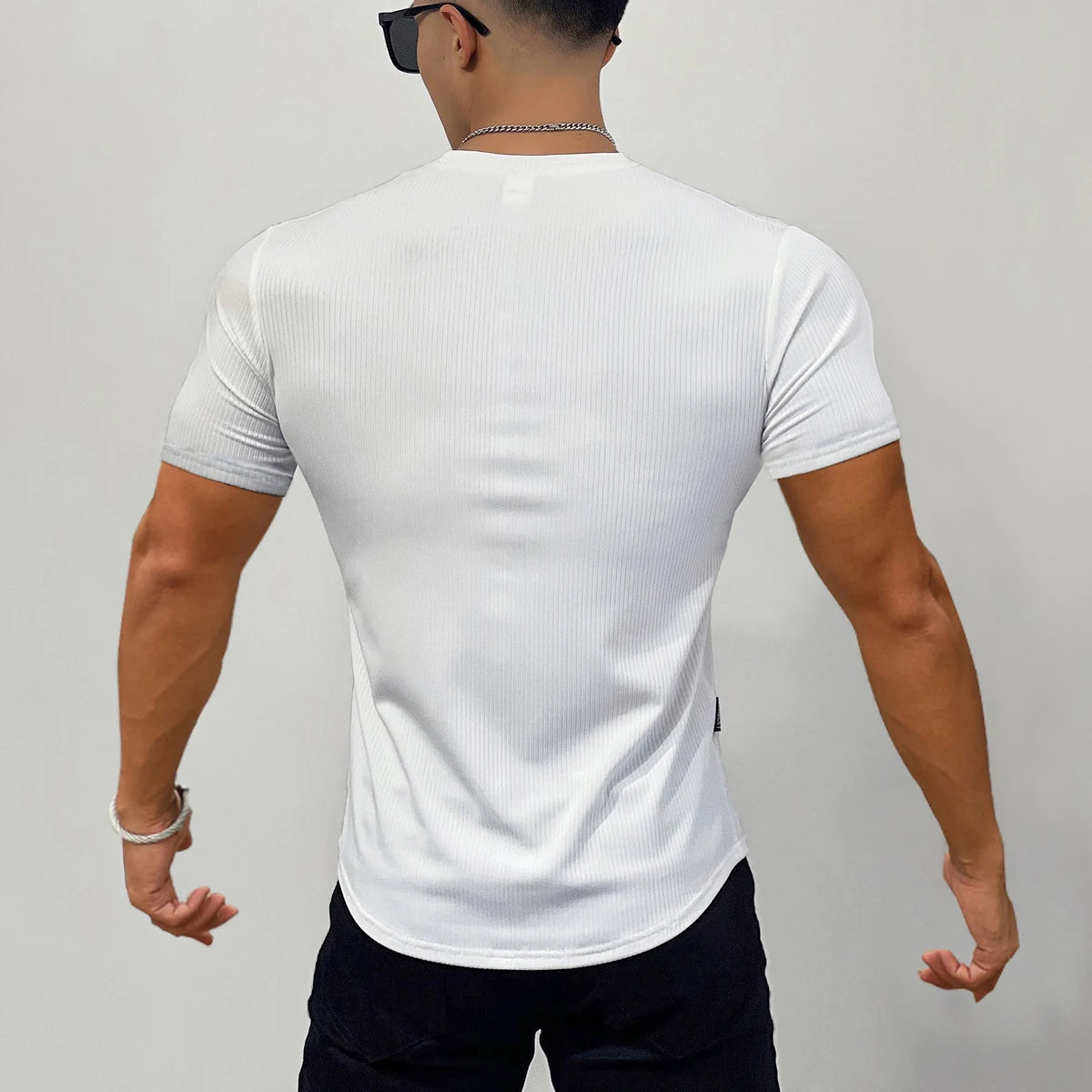Men's Muscle Shirts Short Sleeve Casual Slim Fit Workout Tshirts Striped Curved Hem Light Weight Elastic
