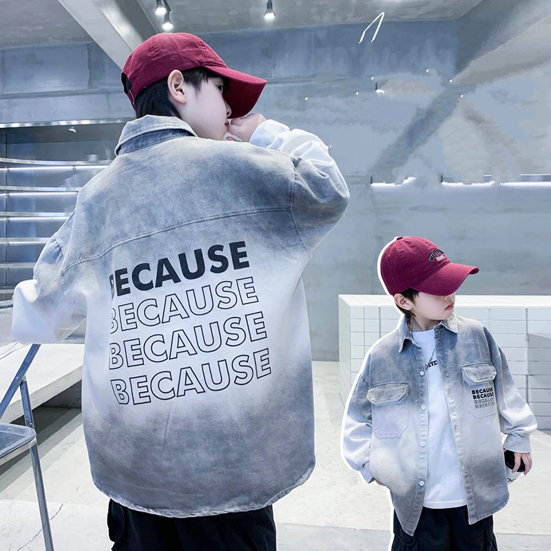 Loose Teenage Boy Gray Gradient Denim Shirt Jacket For Child Age 5 6 7 8 9 10 11 12 13 14 Years Kids Casual Spring Clothing Coat