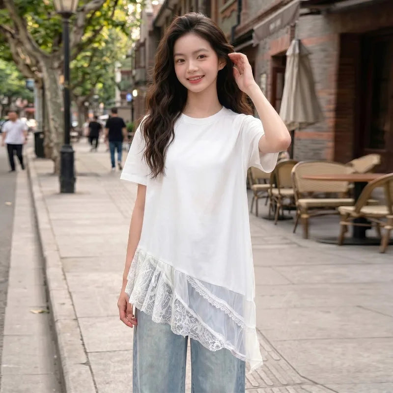 Girls T Shirt Summer 2026 Irregular Hem Lace Patchwork White Short Sleeve Tops Children Clothes Loose Minimalist Comfortable