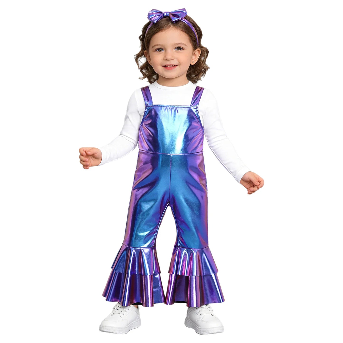 Baby Girls Clothes Birthday Party Metallic Bell Bottoms Romper Djustable Straps Bow Overalls with Headwear Photo Shoot Outfit