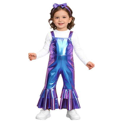 Baby Girls Clothes Birthday Party Metallic Bell Bottoms Romper Djustable Straps Bow Overalls with Headwear Photo Shoot Outfit