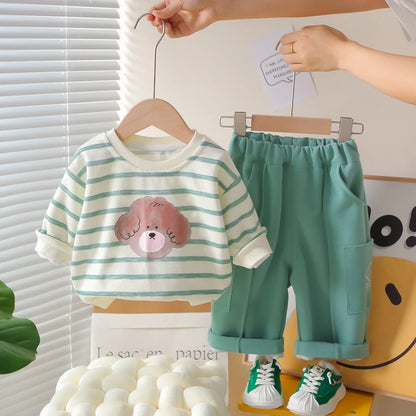 1-5Y Baby Girls Clothes Cute Casual New Style Outfit Kids Boys Clothing Cotton Puppy Print Striped Sweatshirt Tops and Pants Set