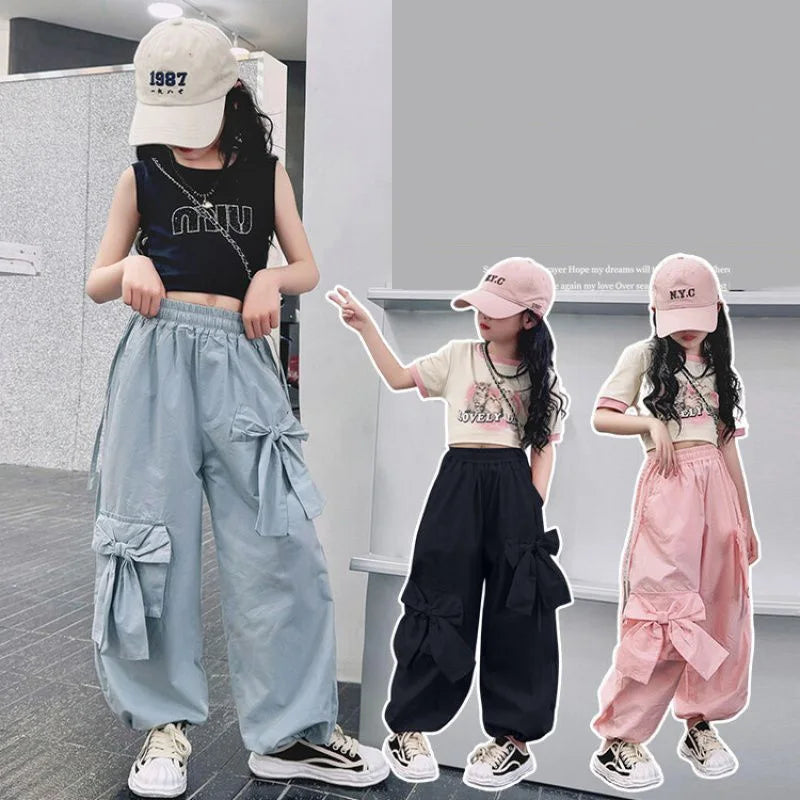 Girls Bow Cargo Pants 2025 New Kids Spring Sweet Trousers Children Autumn Fashion Loose Pants Teenager Wide Leg Clothing