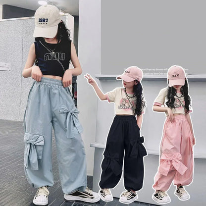 Girls Bow Cargo Pants 2025 New Kids Spring Sweet Trousers Children Autumn Fashion Loose Pants Teenager Wide Leg Clothing