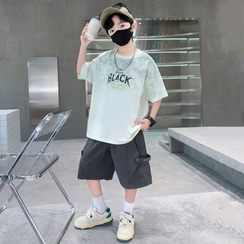 Teen Boys 2 Piece Summer Outfit Tie Dye Crewneck T-Shirt and Casual Cargo Shorts Set Big Kids Fashion Daily Street Outings Wear