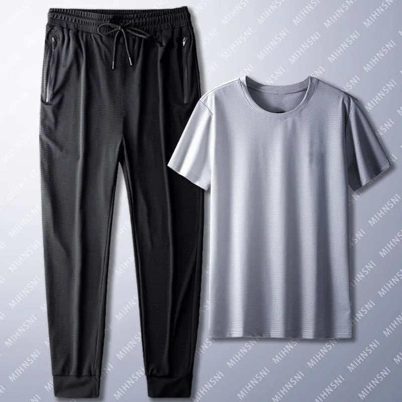 Summer Sports Suit Men's Trendy Short Sleeved Pants Two-piece Set Solid Color Casual Ice Silk Mesh Air-conditioned Pants for Men