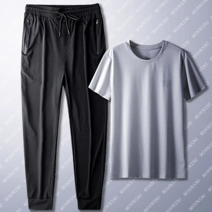 Summer Sports Suit Men's Trendy Short Sleeved Pants Two-piece Set Solid Color Casual Ice Silk Mesh Air-conditioned Pants for Men