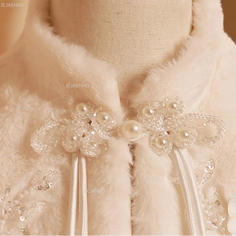 Girls Costumes Winter Warm Thick Shawl White Bridal Pageant Fashion Show Outerwear Kids Clothes Children Flower Girl Wedding