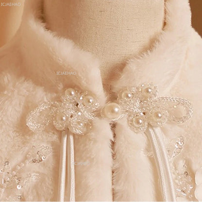 Girls Costumes Winter Warm Thick Shawl White Bridal Pageant Fashion Show Outerwear Kids Clothes Children Flower Girl Wedding
