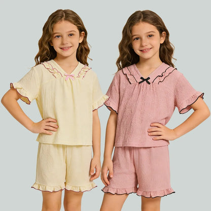 Summer Kids Pajamas set Cotton Seersucker Sibling Matching Pjs Sleepwear Baby Clothes Loungewear Girls Boys Pyjamas Sets