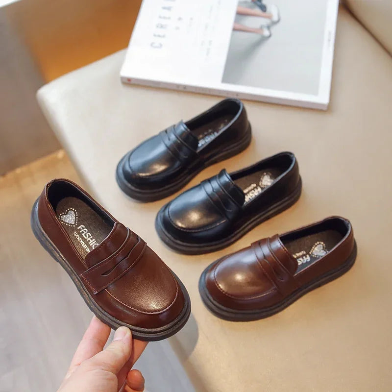 Britain Style Children's Leather Shoes for Boys 2025 Spring New Girls Retro Black Single Shoes Soft Moccasin Shoes for Children