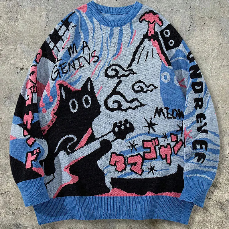 Men's retro cartoon knitted sweater for warmth, pullover casual long-sleeved knitted sweater for 2025 autumn-winter season