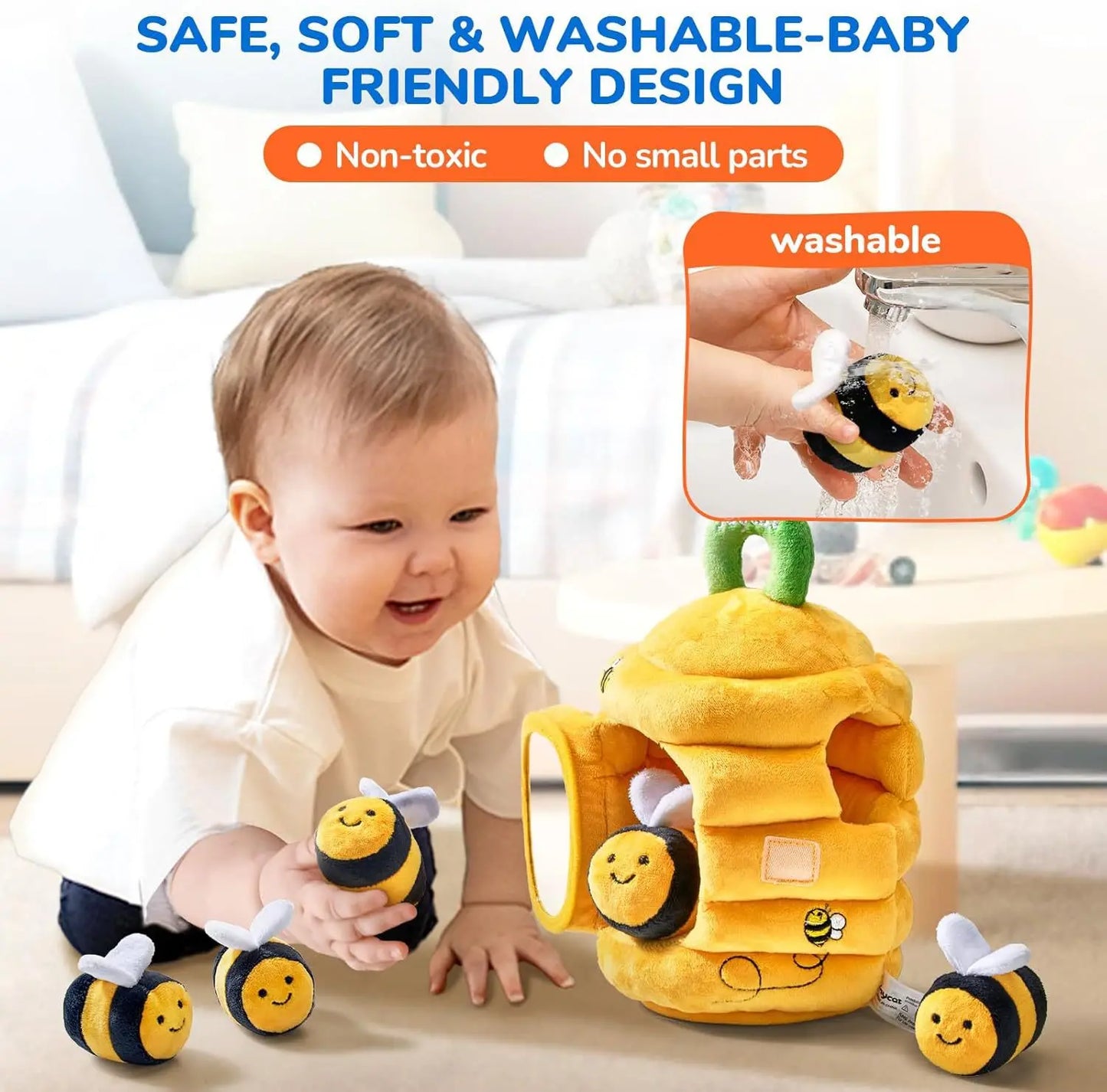 Baby Toys 6-12 Months Bee House with Stuffed Farm Animals for Toddlers 1-3 Baby Plush Beehive Wtih Rattles Squeaker Mirror