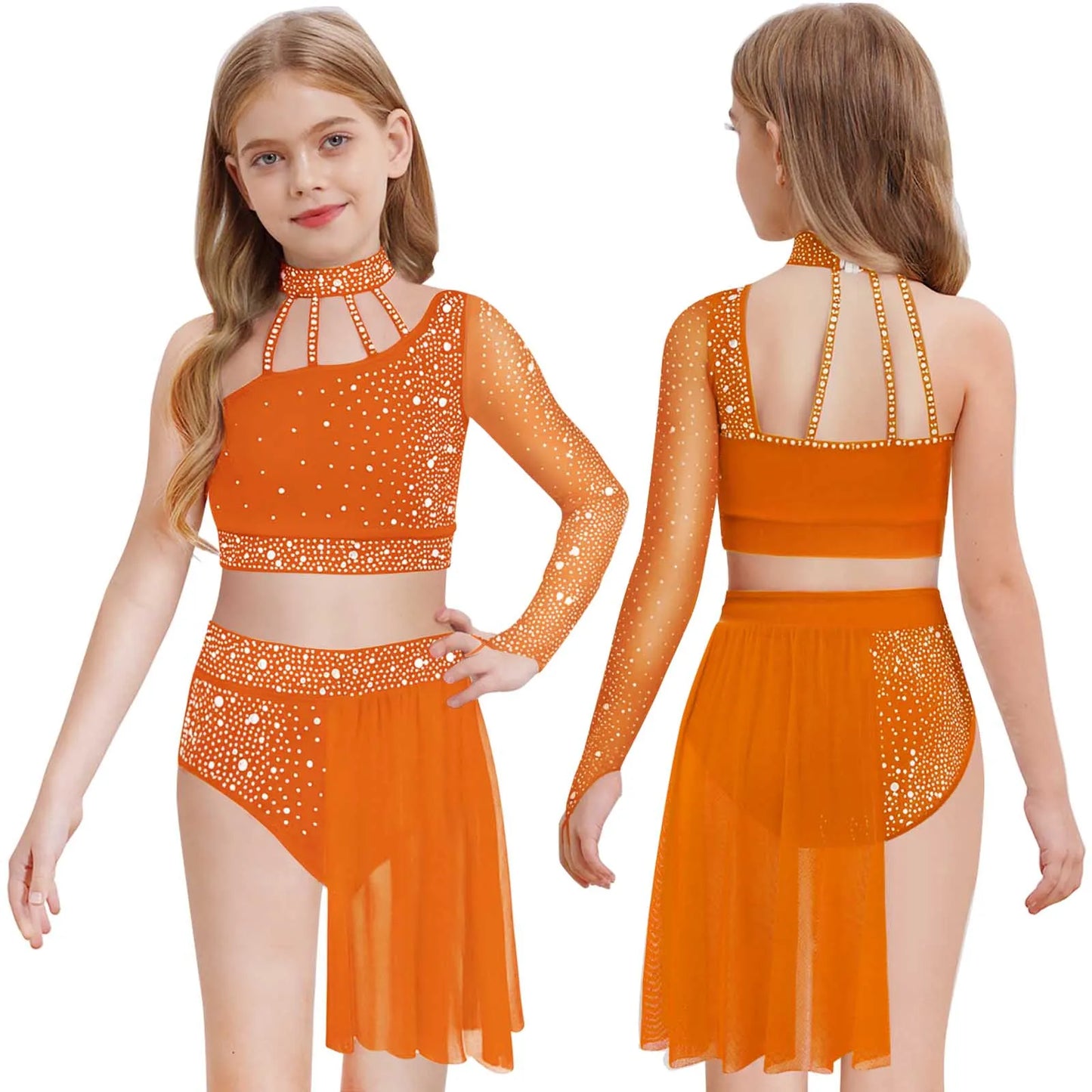 Girls Lyrical Dance Outfit One Shoulder Rhinestone Crop Top with Skirts Modern Contemporary Ballet Gymnastics Skating Dancewear