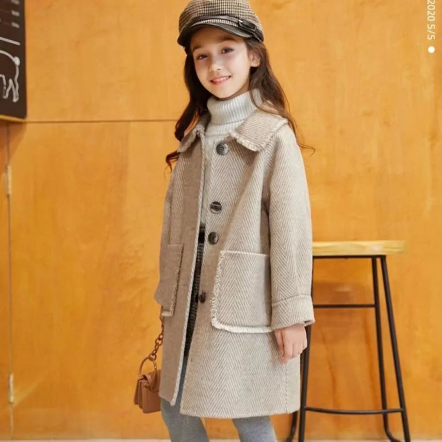 5 to 12 years old girls woolen coat 2024 autumn and winter new style thickened coat, medium long fashion baby girls outerwear