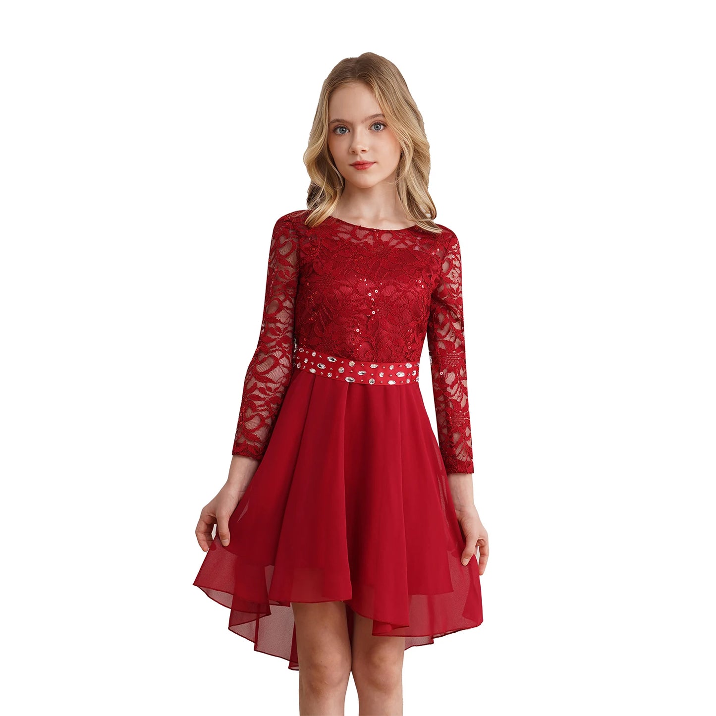 Teen Girls Elegant Scoop Neck Floral Lace Formal Wedding Party Dress Flower Girls Long Sleeve High-Low Chiffon Bridesmaid Dress