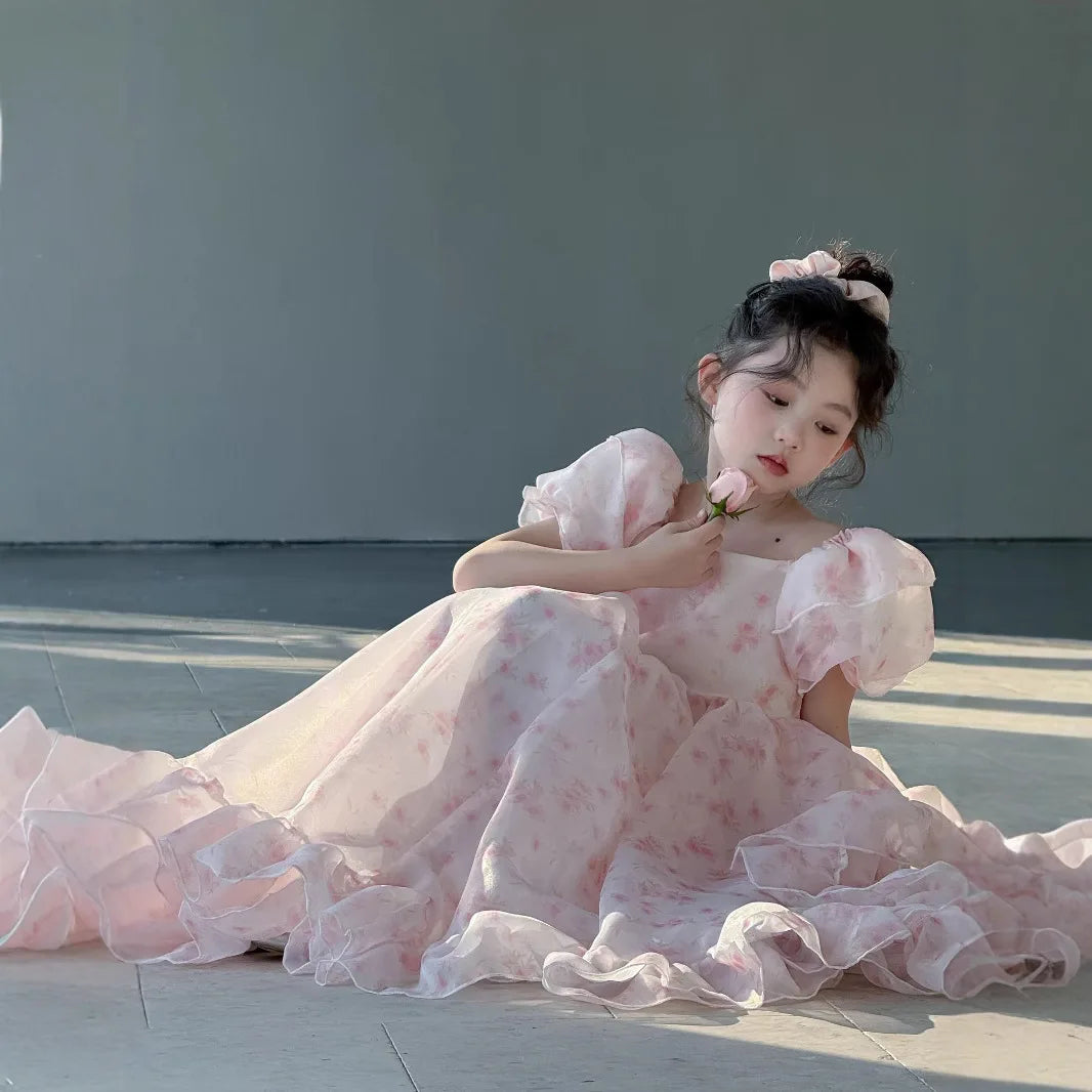 Girls Skirts 2025 Summer New Childrens Wear Korean Style Baby Girl Floral Square Collar Gauze Peng Peng Princess Skirt Casual
