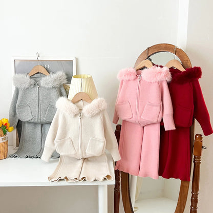 Girls Suit 2025 Autumn and Winter New Childrens Clothes Girls Baby Fashion Wool Collar Hooded Sweater Pants Two-piece Set Simple