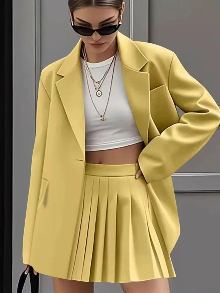 Women's New Fashion Casual Two-Piece Sets Pleated Skirt Suits Women Spring Autumn Office Ladies Solid Suit Coat And Skirt Set
