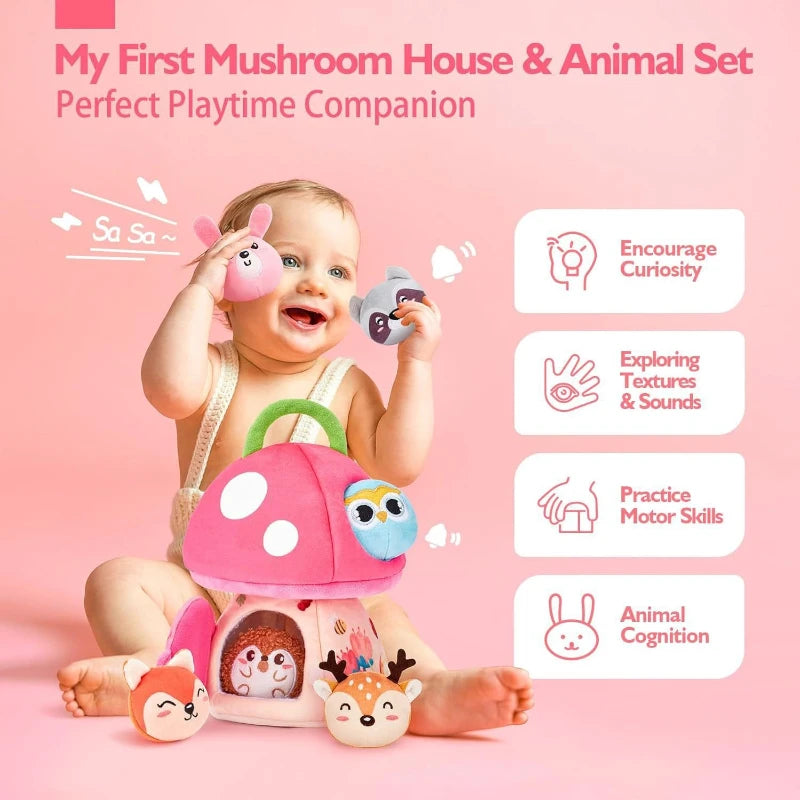 Baby Toys 6-12 Months Bee House with Stuffed Farm Animals for Toddlers 1-3 Baby Plush Beehive Wtih Rattles Squeaker Mirror