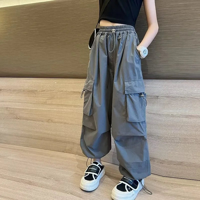 Girls Loose Joggers Pants Teen Casual Straight Trousers Fashion Children Pockets Design Cool Streetwear Big Kids Pants 5-14 Year
