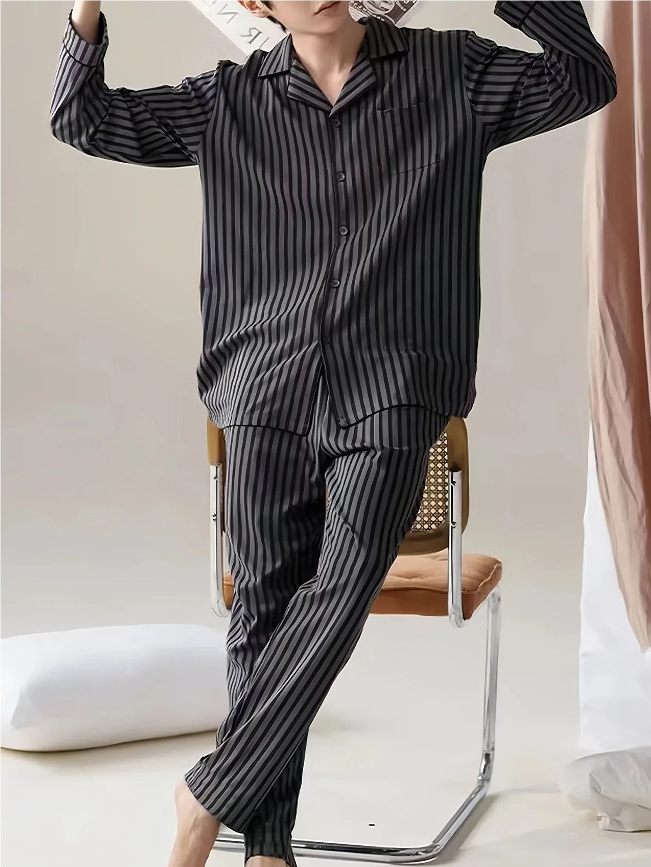 New Men's Pajamas Spring and Autumn Set, Can Be Worn Outside, Cardigan Loungewear, Casual Long-Sleeved, Large Size, Loose Fit, Autumn and Winter