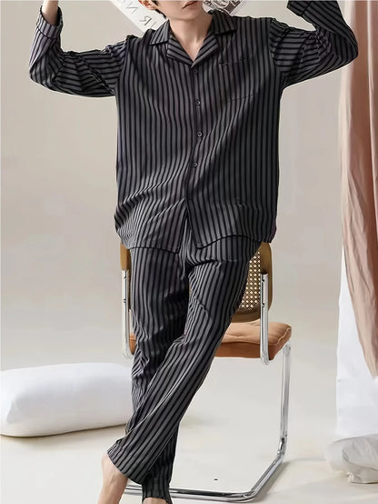 New Men's Pajamas Spring and Autumn Set, Can Be Worn Outside, Cardigan Loungewear, Casual Long-Sleeved, Large Size, Loose Fit, Autumn and Winter