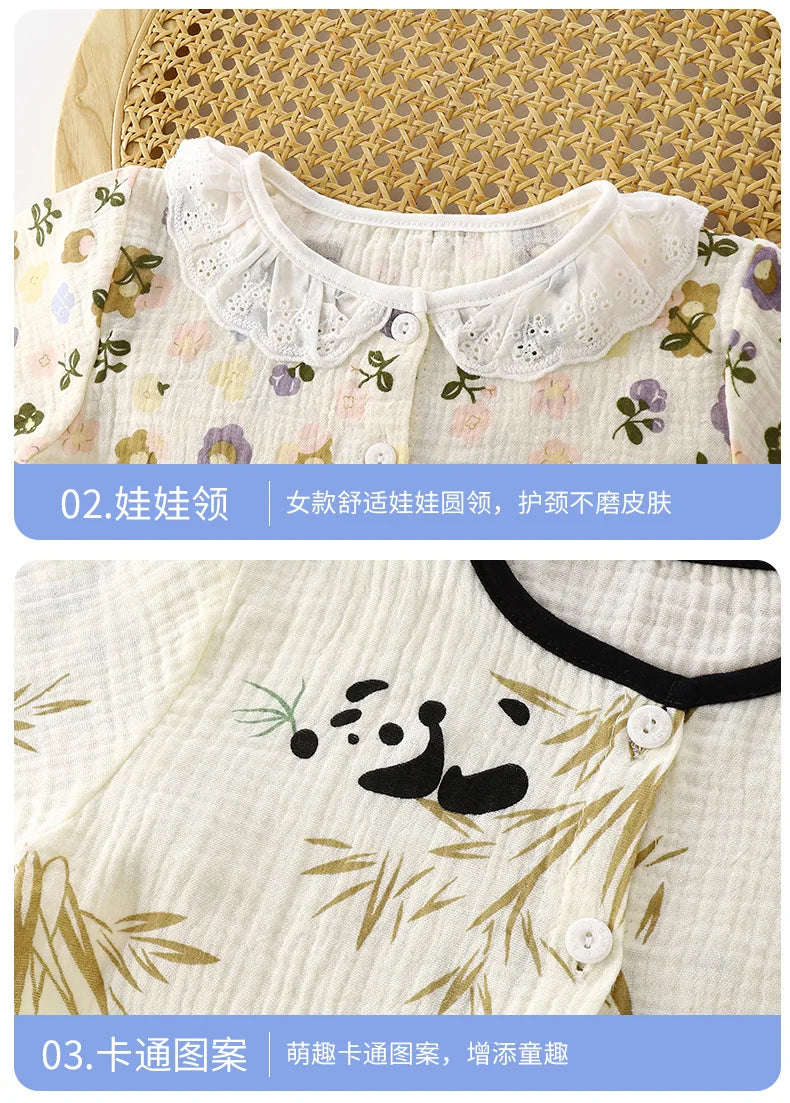 Girls Summer Thin Pajamas Homewear Cute Cartoon Floral Print Long Sleeve Lace Trimmed Sleepwear Baby Boys Casual Clothing Sets