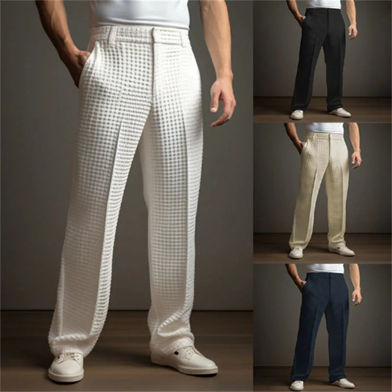 Men's Dress Business Solid Color Waffle Slant Front Bag Straight Casual Vacation Fashion Pants