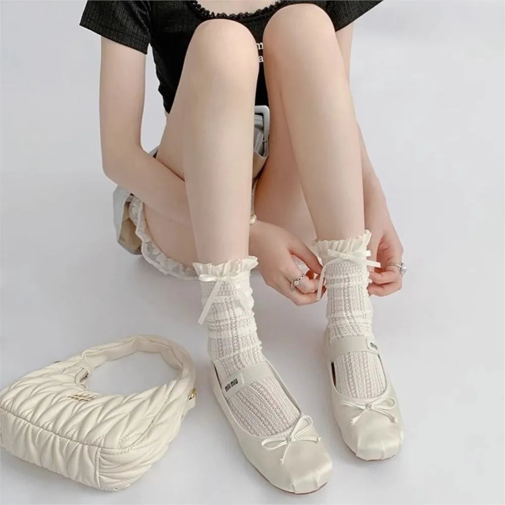 Sweet Girls Long Socks Stockings  Lolita Bowknot Ruffles Knee Socks Women Hollow Out Mesh Fishnet Stockings