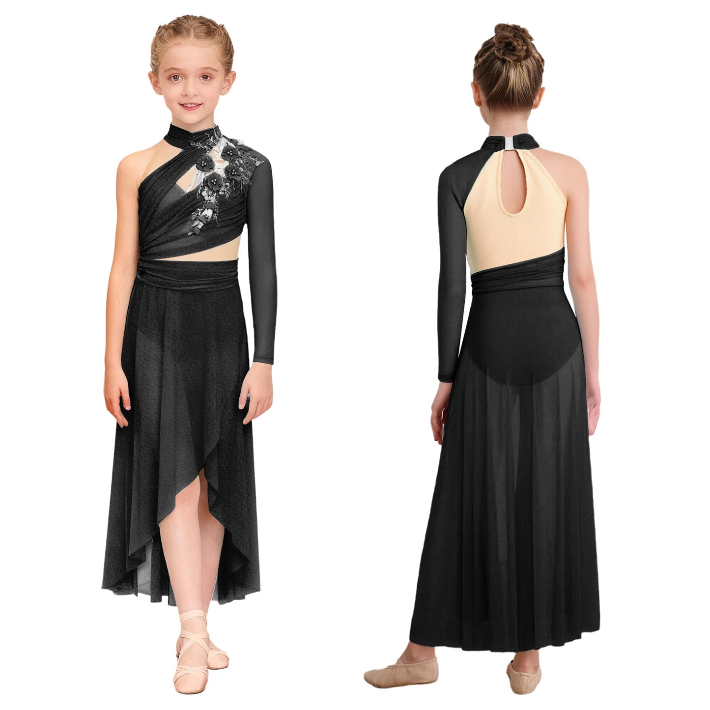 Kids Girls Modern Lyrical Dance Dresses Delicate Applique Keyhole Back Side Split Irregular Hem Asymmetrical Ruched Mesh Dress
