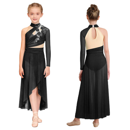 Kids Girls Modern Lyrical Dance Dresses Delicate Applique Keyhole Back Side Split Irregular Hem Asymmetrical Ruched Mesh Dress