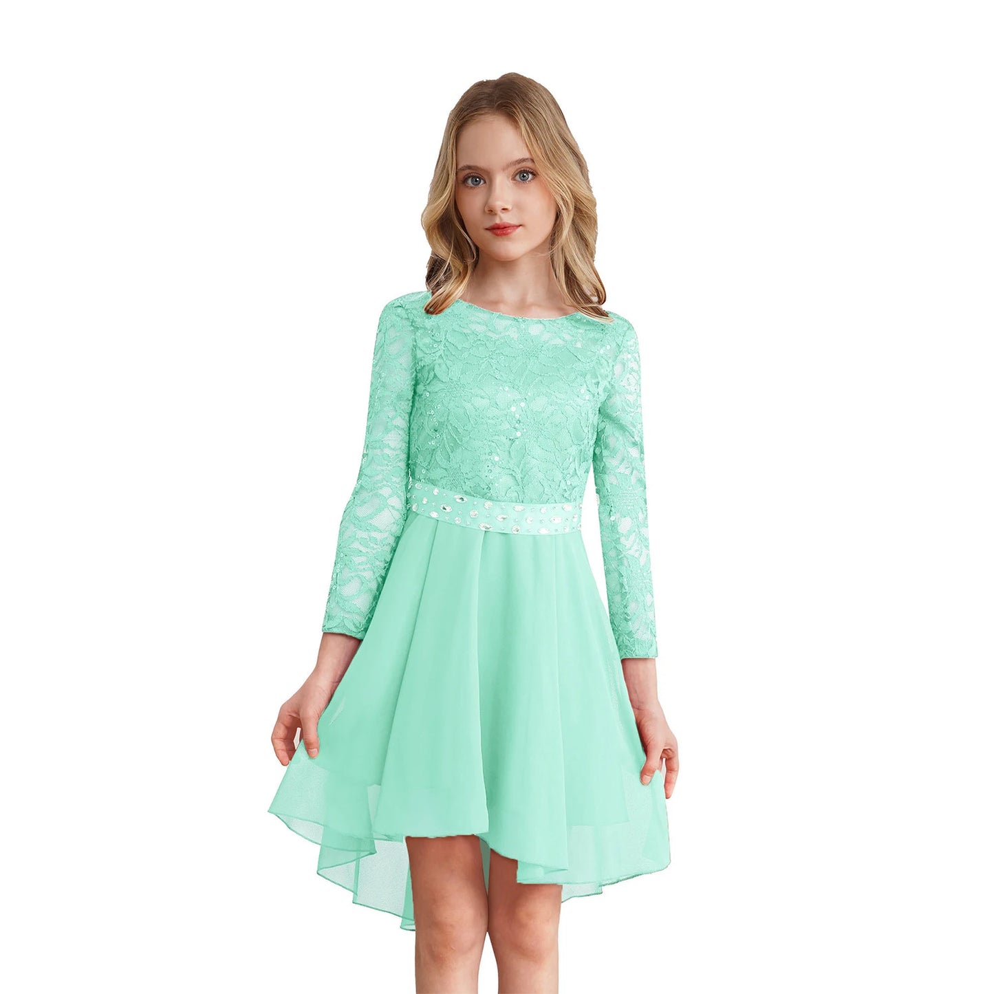 Teen Girls Elegant Scoop Neck Floral Lace Formal Wedding Party Dress Flower Girls Long Sleeve High-Low Chiffon Bridesmaid Dress