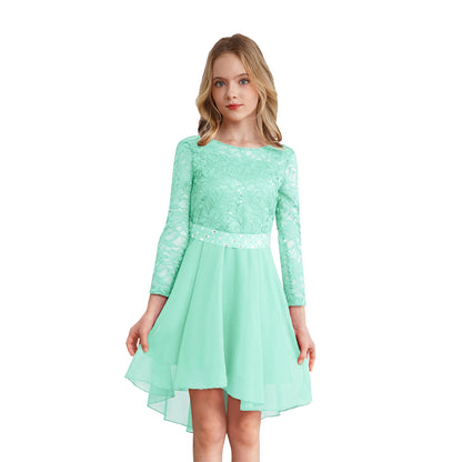 Teen Girls Elegant Scoop Neck Floral Lace Formal Wedding Party Dress Flower Girls Long Sleeve High-Low Chiffon Bridesmaid Dress