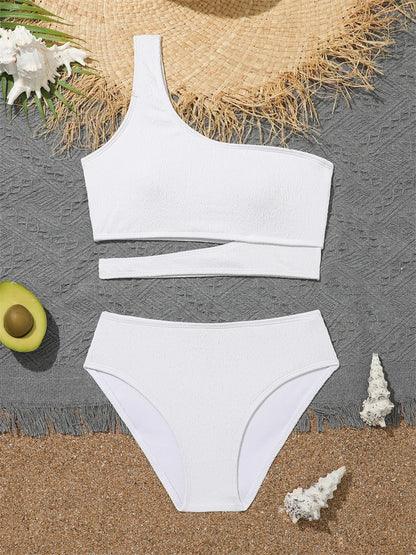 Girls' Swimsuit Bikini 2026 New Solid One Shoulder Bikinis Set Children Swimwear Summer High Waist Kids Beach Wear Bathing Suit
