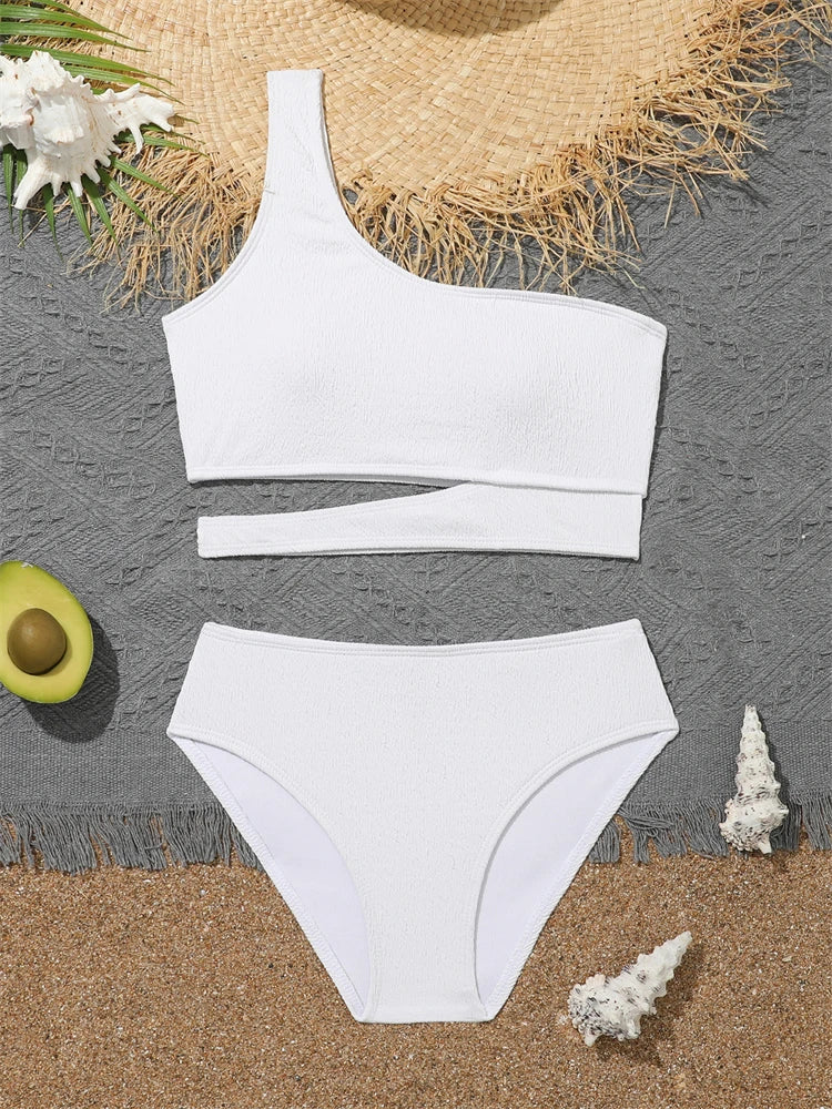 Girls' Swimsuit Bikini 2026 New Solid One Shoulder Bikinis Set Children Swimwear Summer High Waist Kids Beach Wear Bathing Suit