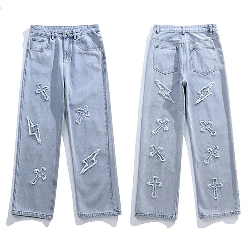 Men Straight Leg Denim Jeans Male New Fashion Casual Loose High Street Y2k Pants New Wide Leg Hip Hop Black Blue Pants