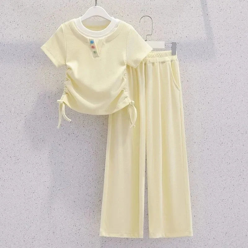 Summer Teenage Girls Clothes Set Children O-Neck Tshirt and Casual Pants Suit Student School Short Sleeve Top Bottom Outfits