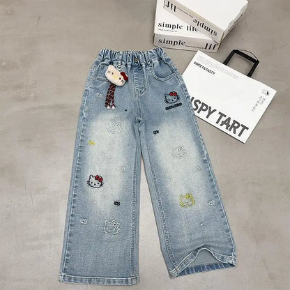 Girls Spring Autumn Wide Leg Jeans High Waist Long Pants Children's Clothing Kids' Denim Trousers Trendy Streetwear for Girls