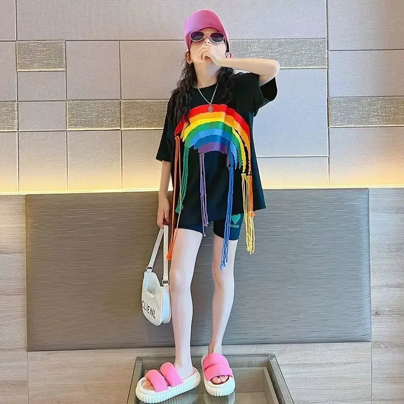 2025 New Girls' Summer T-shirt Fashion Hip Hop Street Dance Style Rainbow Braid Girls Wear Mid length Style in Summer