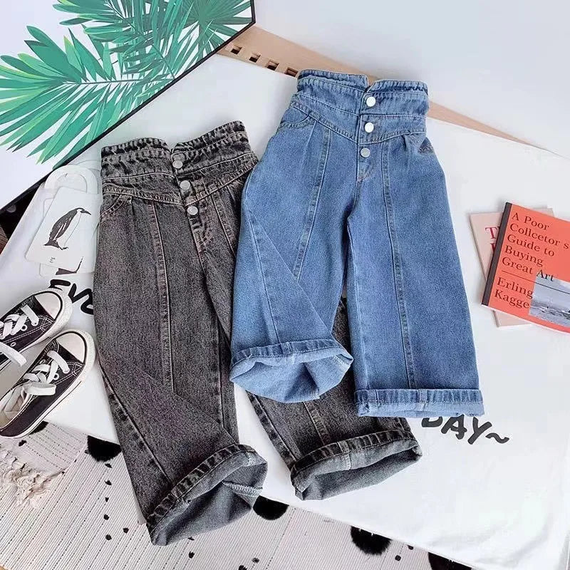 Girls Ightweight Jeans Long Pants Stylish Children's Straight Pants Toddler High-Waist Jeans Long Pants Kids Casual Versatile