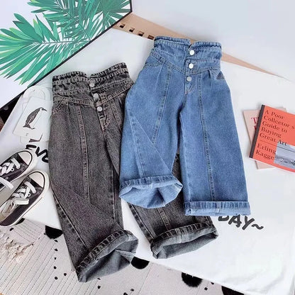 Girls Ightweight Jeans Long Pants Stylish Children's Straight Pants Toddler High-Waist Jeans Long Pants Kids Casual Versatile