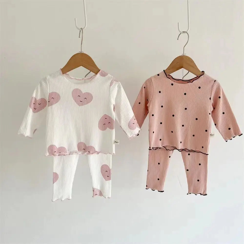 New Girls' Pajamas Homewear Children's Long-Sleeved Ice-Silk Pajamas Two-Piece Wood Earring Set Air-Conditioning Suit Suit