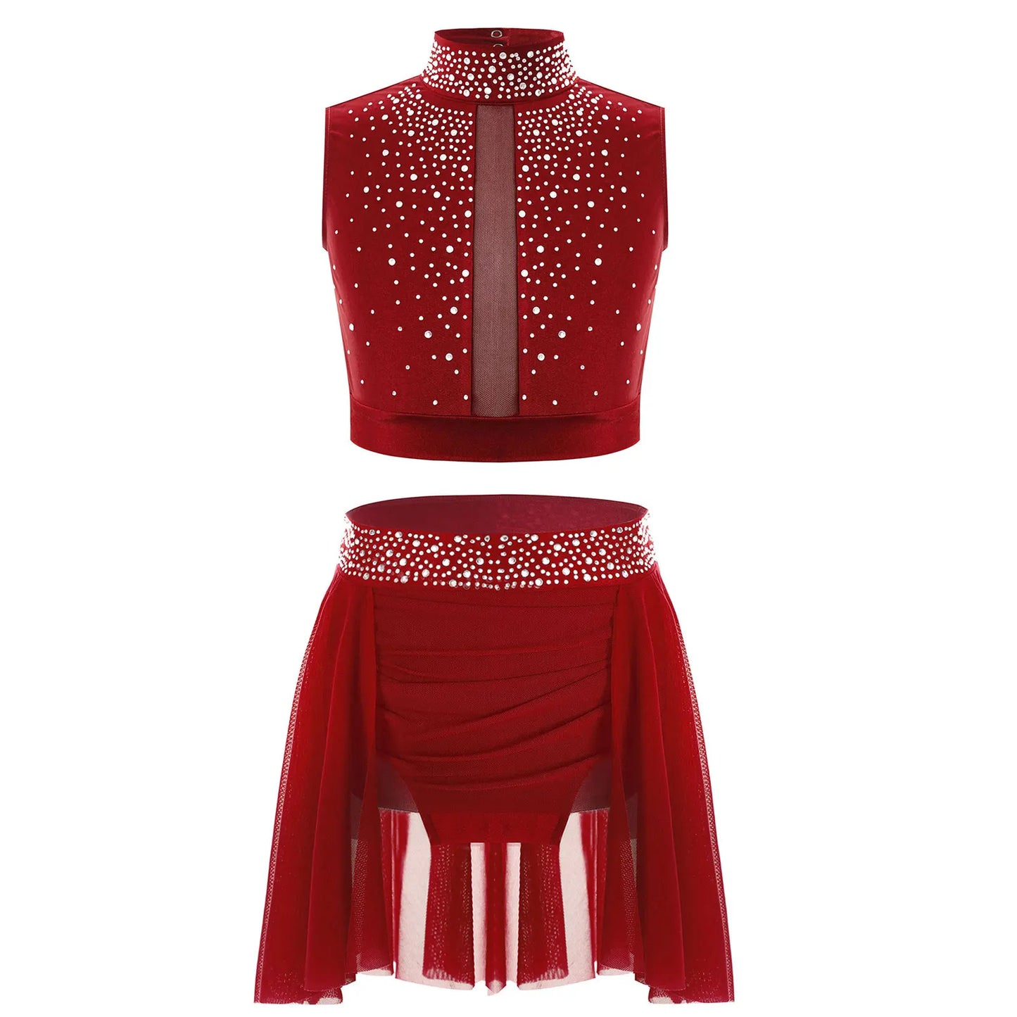Teen Girls Modern Lyrical Dance Performance Outfit Sleeveless Crop Top with Leotard Skirt for Skating Jazz Ballet Gymnastics