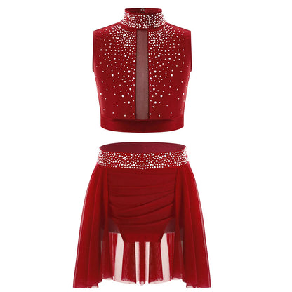 Teen Girls Modern Lyrical Dance Performance Outfit Sleeveless Crop Top with Leotard Skirt for Skating Jazz Ballet Gymnastics