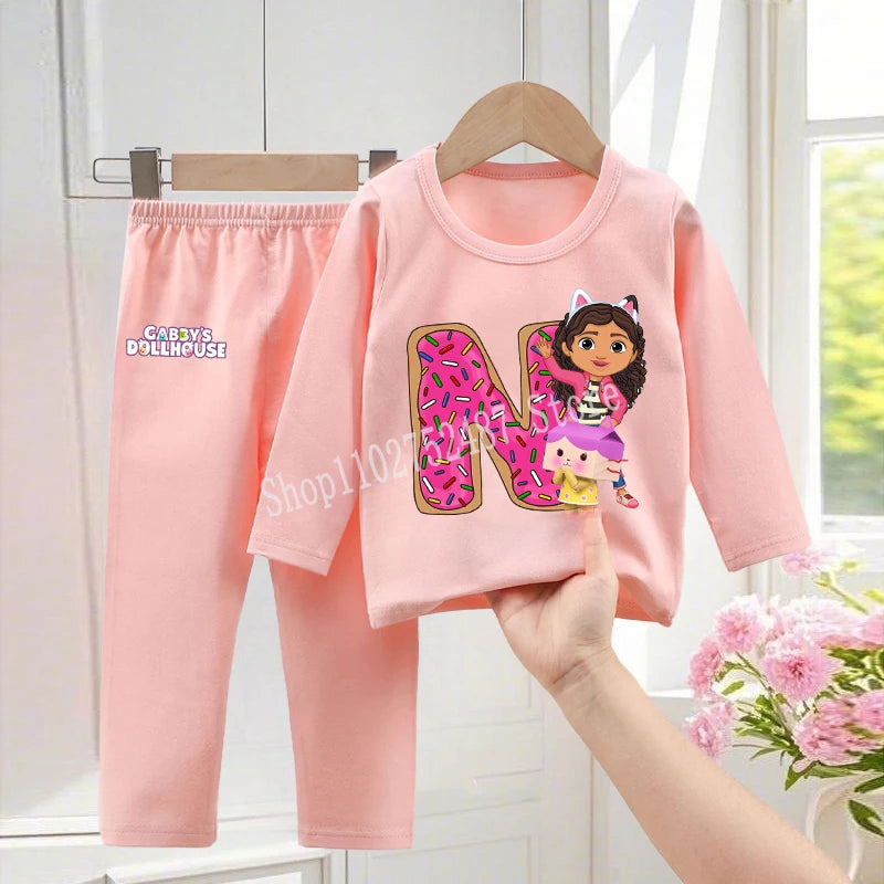 Gabby Dollhouses Pajamas Pants Set Girls Cute Letter A-Z Nightwear Trousers Kids Winter Home Clothes Children Long Sleeves Gift