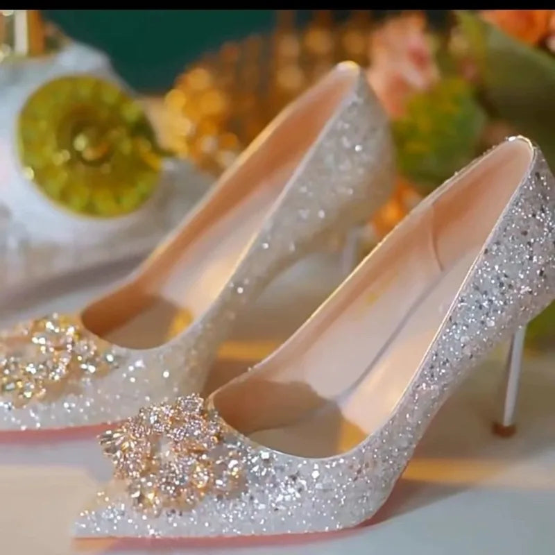Womens High Heel Shoes Fad Elegant Crystal Pointed Toe Pumps Retro Shallow Mouth Banquet Party Wedding Women Shoes Zapatos Mujer